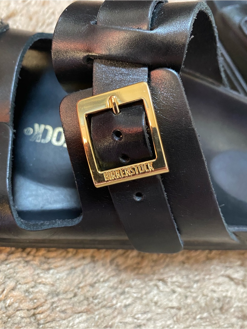 Birkenstock St Barths Black Leather Double Two-Strap Sandals with Gold Buckles - Picture 6 of 16